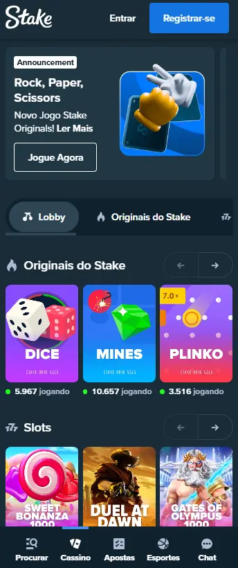 UI do aplicativo e UI móvel STAKE CASINO